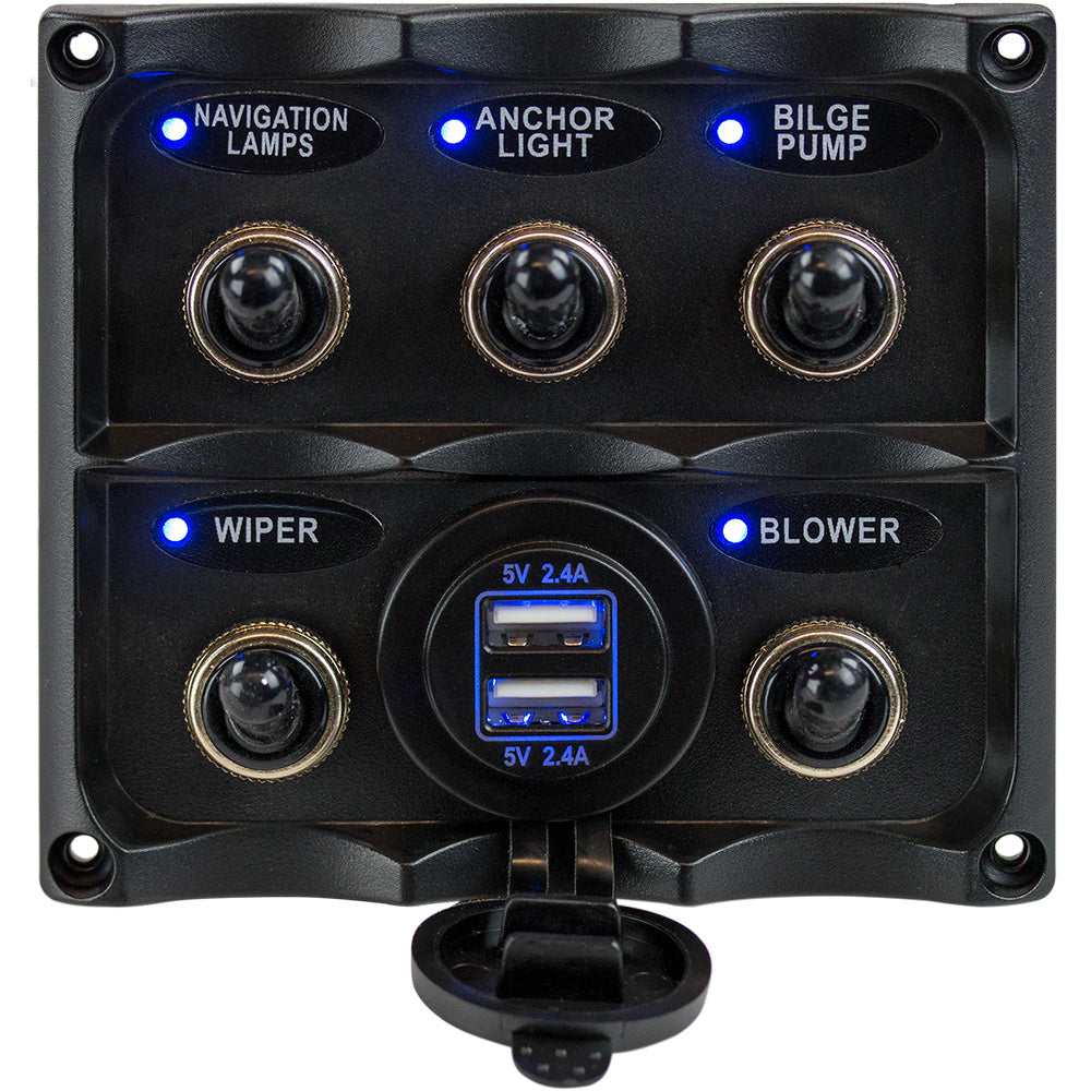 SeaDog Water Resistant Toggle Switch Panel wUSB Power Socket 5 Toggle 4246171