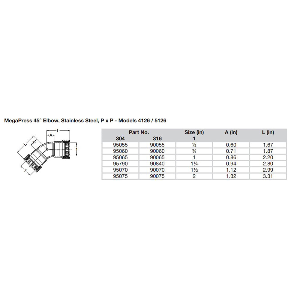 Viega MegaPress 34 45 Stainless Steel 304 Elbow Double Press Connection Smart Connect Technology 95060