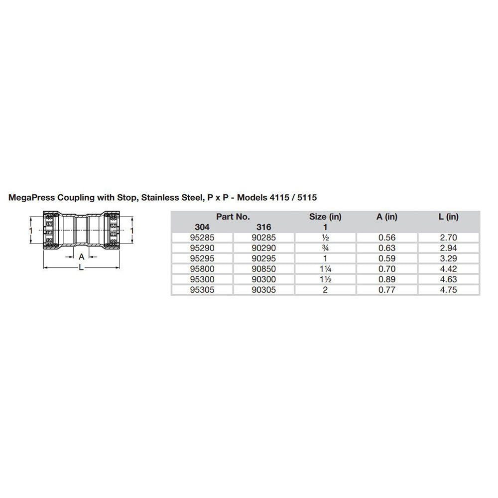 Viega MegaPress 2 Stainless Steel 304 Coupling wStop Double Press Connection Smart Connect Technology 95305