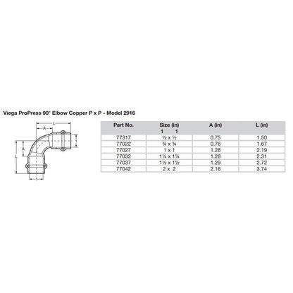 Viega ProPress 12  90 Copper Elbow  Double Press Connection  Smart Connect Technology 77317