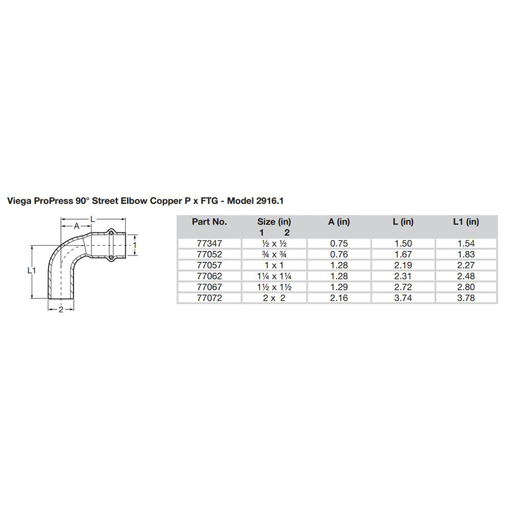 Viega ProPress 1  90 Copper Elbow  StreetPress Connection  Smart Connect Technology 77057