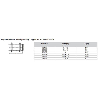 Viega ProPress 34 Copper Coupling wo Stop  Double Press Connection  Smart Connect Technology 78177