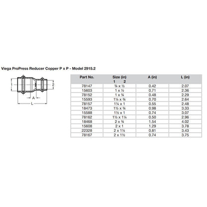 Viega ProPress 1 x 34 Copper Reducer  Double Press Connection  Smart Connect Technology 78152