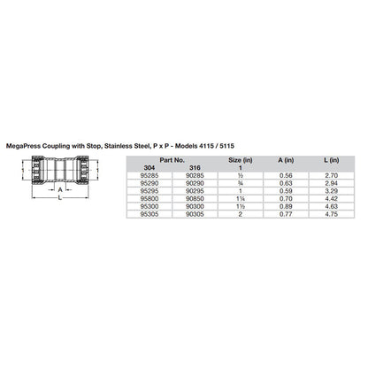 Viega MegaPress 12 Stainless Steel 304 Coupling wStop  Double Press Connection  Smart Connect Technology 95285