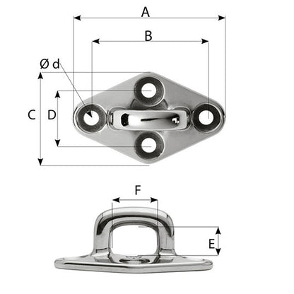 Wichard Diamond Pad Eye  Square  79mm Length 3764  M6 Screw 6655W